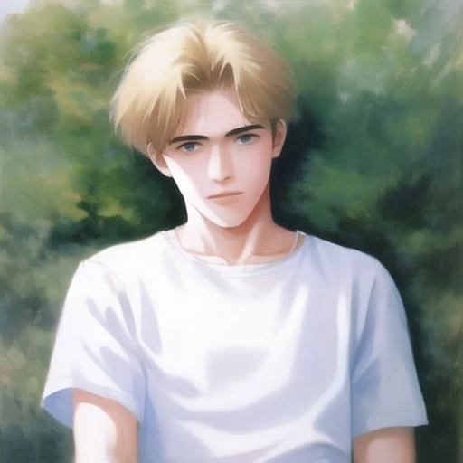 1990s (style), 1boy, blonde hair, white shirt, oil painting,