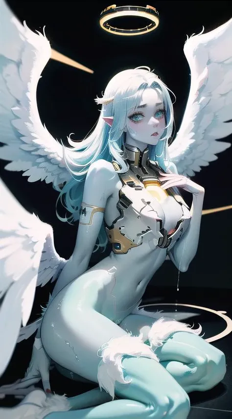 lineart,muscluar,absurdres,1girl,pussy juice,((monster girl, angel girl, halo, holy, angel wings)),colored skin,pale skin, <lora:dilraba-epoch5:1>