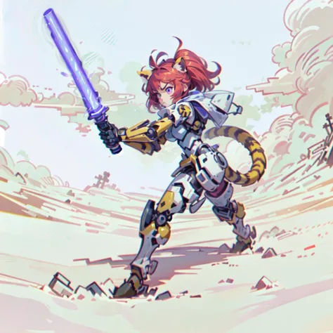 front view,a tiger mecha girl,(serious:1.2),monster girl,left hand holding a purple light saber,fighting stance <lora:3DMM_V12:0.8> <lora:allymech:0.4> <lora:reelmech1v2:0.8>, <lora:animeLineartMangaLike_v30MangaLike:0.5>