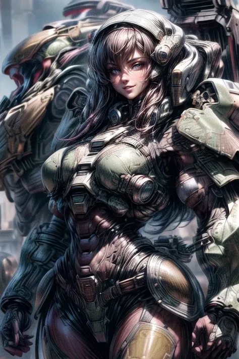 a close up of a woman in armor with a machine behind her