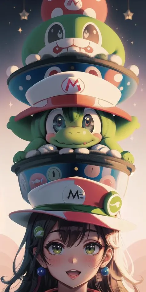 (An upside down Mario Hat, super detailed, (Baby Yoshi), lying inside hat detail face, detailed image, masterpiece, ,8k, ultra HD, cute), Whimsical, Surreal, Vibrant, Ethereal, Futuristic, Dreamlike, Mysterious, Majestic, Abstract, Cosmic, Arcane, Luminous...