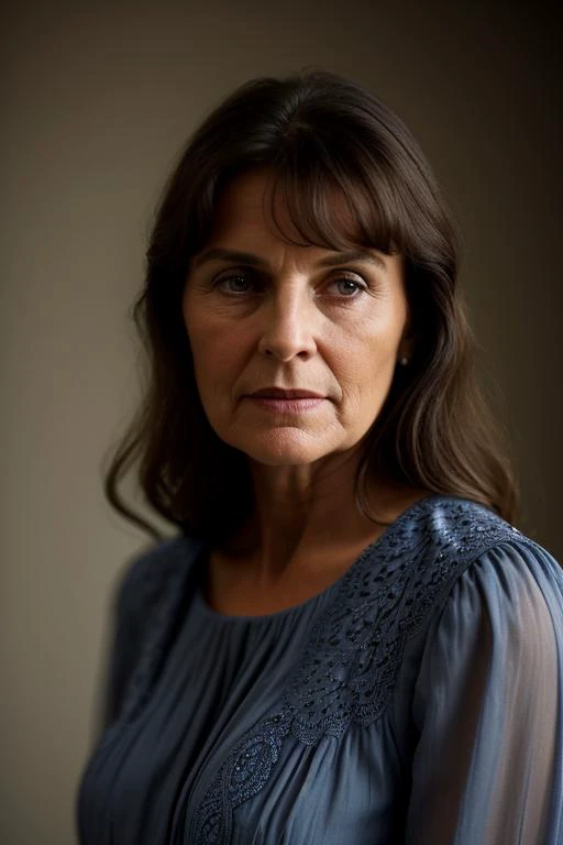 a close up of a woman in a blue dress looking at the camera