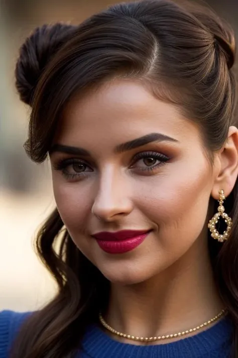 a close up of a woman with a blue sweater and earrings