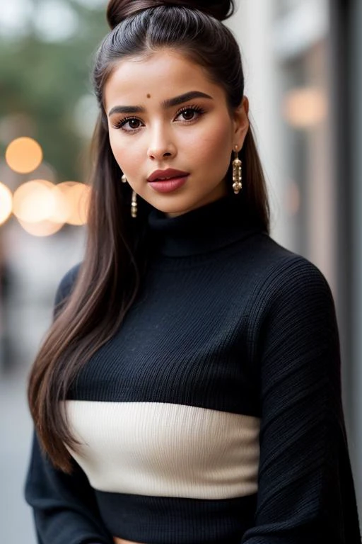 cinematic film still a woman with long hair and a black sweater, !updo hair, sexy girl with dark brown hair, stylized make-up on face, giant earrings, ð ð§ ð ð§, portrait of demi rose, brown hair in two buns, ad image, blue lips, stunnig, bulgari...