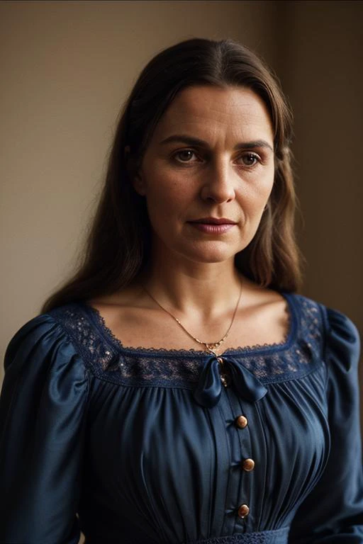 a close up of a woman in a blue dress looking at the camera