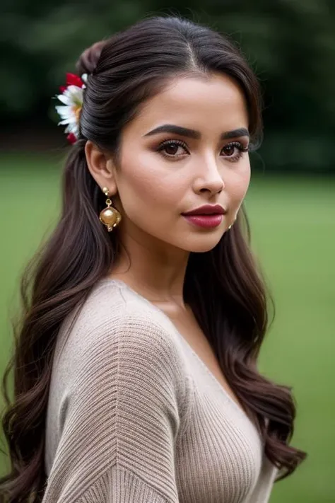 cinematic film still a woman with long hair and a colord  sweater, !updo hair, sexy girl with dark brown hair, stylized make-up on face, giant earrings, ð ð§ ð ð§, portrait of demi rose, brown hair in two buns, ad image, blue lips, stunnig, bulga...