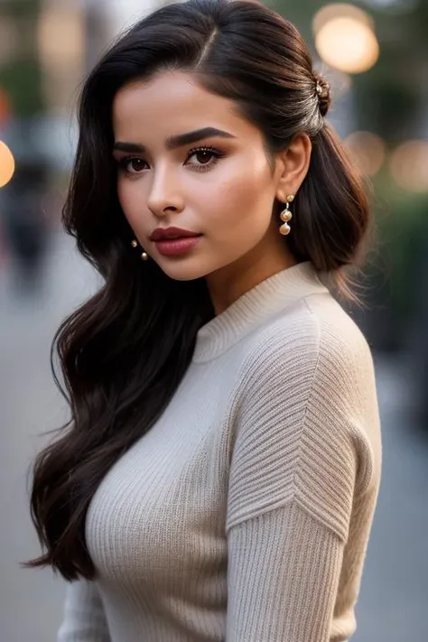 a woman with long hair wearing a beige sweater and earrings