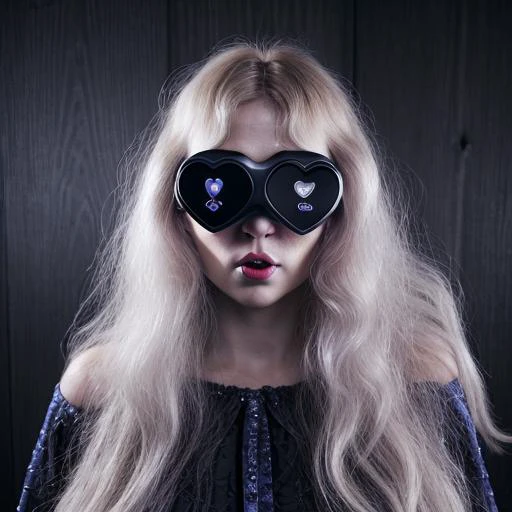 Black and White photography, Scandinavian, middle-aged, woman, Long hair, Wavy hair, Side-swept fringe, Strawberry Blonde hair, Hair bobbles, Upturned eyes shape, Amber eyes, virtual reality glasses, Heart-shaped lips, Purple lips, Round with Defined Cheek...