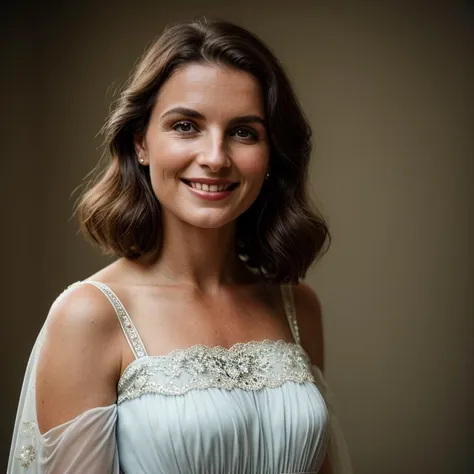 a close up of a woman in a dress smiling for a picture