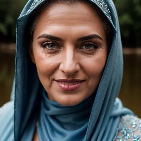 a close up of a woman wearing a blue headscarf and a blue scarf