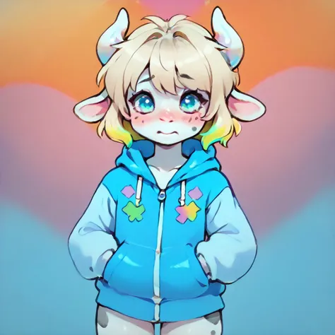 score_9, score_8_up, Unigan, femboy, cute, 2 horns, spots, pale rosy skin, blonde hair, vibrant highlights, shy, oversized puffy jacket, colorful background, digital art, highly detailed, zPDXL, <lora:UniganPDv2:.8>, <lora:CuteMixPDv1:.8>