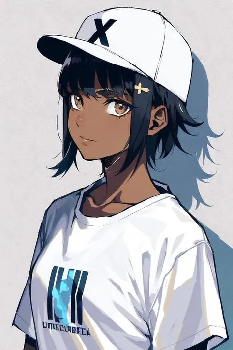 1girl, solo, dark skin, dark-skinned female, upper body, baseball cap, t-shirt, tomboy