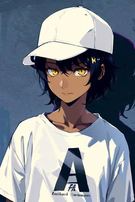 1girl, solo, dark skin, dark-skinned female, upper body, baseball cap, t-shirt, tomboy