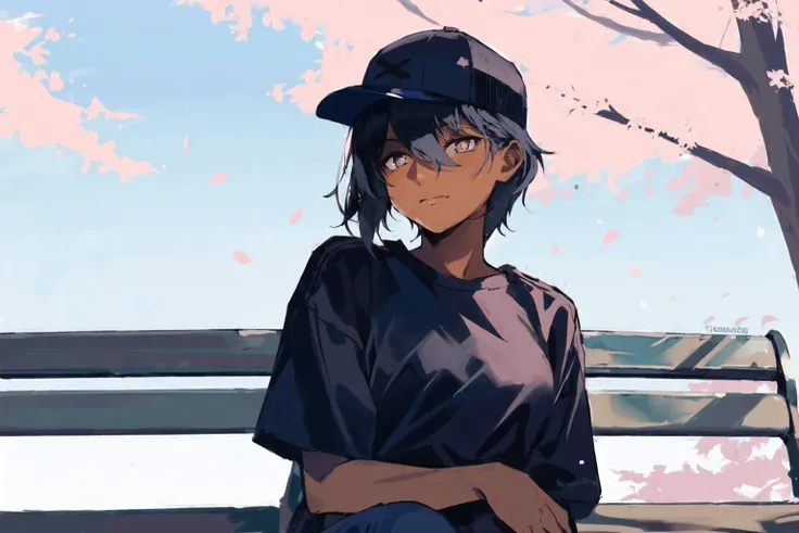 1girl, solo, dark skin, dark-skinned female, upper body, baseball cap, t-shirt, tomboy, sitting, bench, cherry blossom