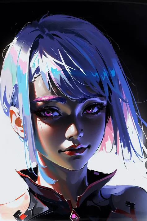 8k,realistic, (realistic shadows),(photorealistic),realism,
1girl,an extremely delicate and beautiful girl, solo,lucy (cyberpunk),silver short hair,some pink light and blue light reflected on the hair,look at viewer, black thighhighs, bare shoulders,(posit...