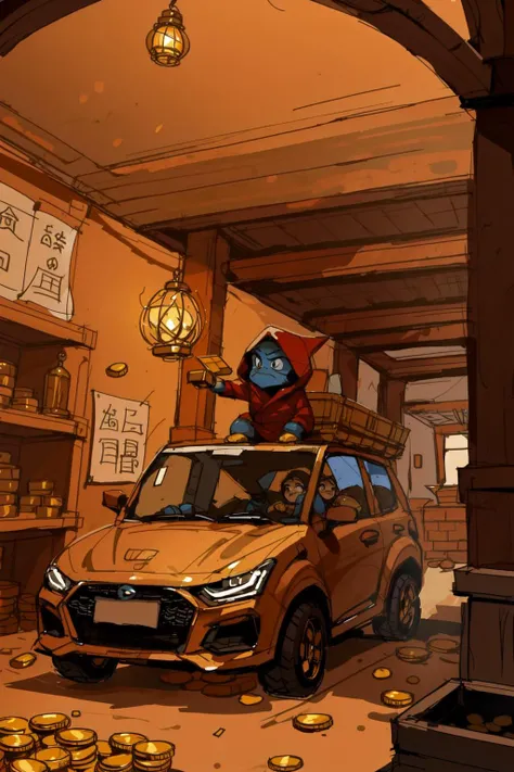 concept art, a ((car)) ((hood opened)), inside a bunch of gold coins and a happy ninja boy, throwing gold coins, old town background Cliff Childs, league of legends concept art, a storybook illustration,