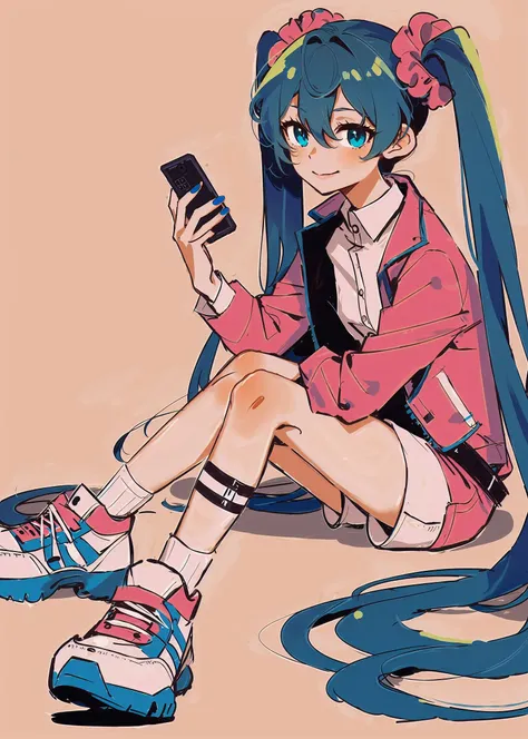 anime girl sitting on the ground with a cell phone（hatsune miku)