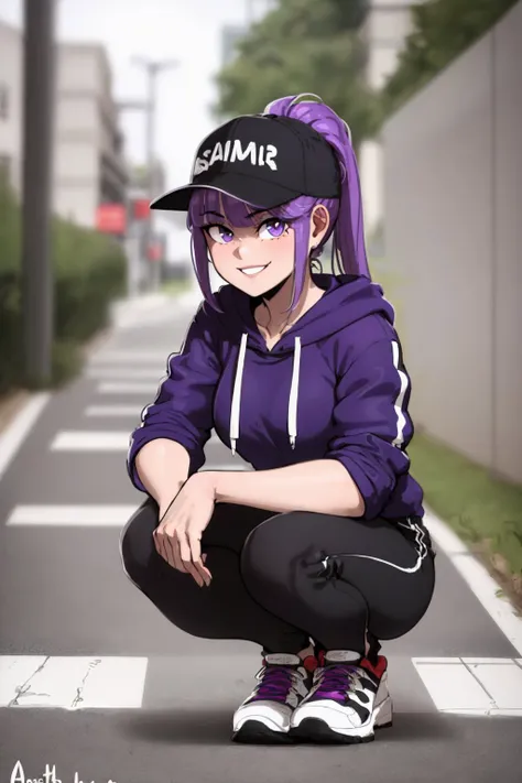 (masterpiece, best quality:1.2), solo, 1girl, smile, looking at viewer, squatting, purple hair, ponytail, baseball cap, purple eyes, hoodie, black pants, high tops, street <lyco:style_aestheticc-meme-20:1.0>