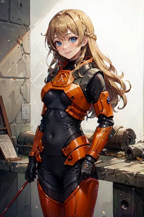 cowboy shot,   <lora:hevsuit:0.6> hevsuit, mk5, mk4,, ultra detailed, masterpiece, best quality, aesthetic, detailed,, solo, soft smile, light smile,
1girl, blue eyes, very long hair, blonde hair, long blonde hair, french braid, bangs, medium breasts,