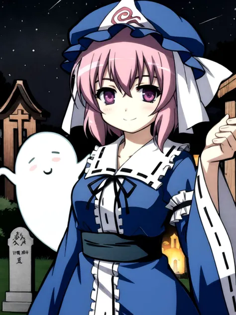 <lora:Hyakka Ryouran Samurai Girls Test:1.0> hyakka ryouran samurai girls, outline, thick outlines, anime coloring, (saigyouji yuyuko), pink eyes, pink hair, short hair, blue headwear, mob cap, blue kimono, long sleeves, wide sleeves, frilled sleeves, slee...