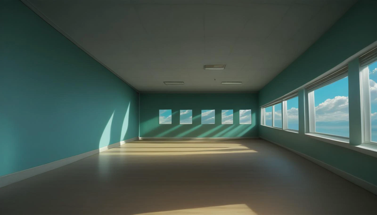 a view of a room with a lot of windows and a sky background