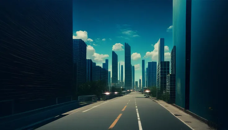 arafed view of a city street with tall buildings and a car driving down it