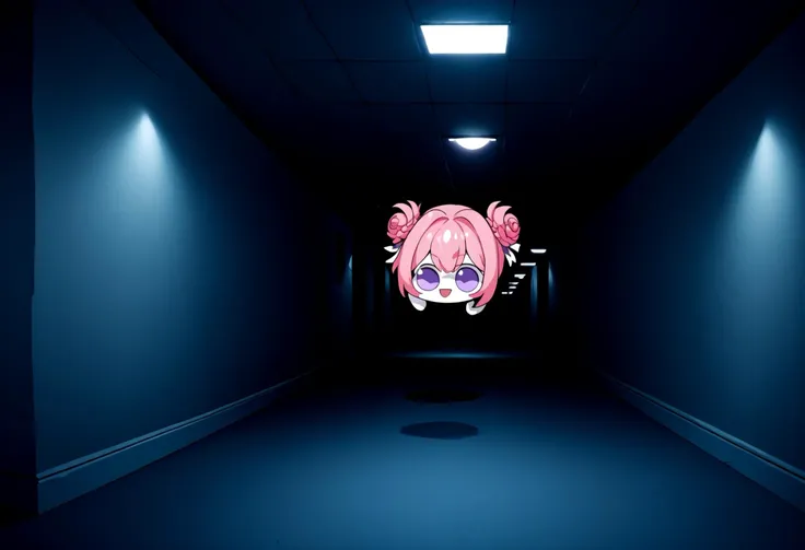 anime girl in a dark hallway with a pink hair and pink eyes