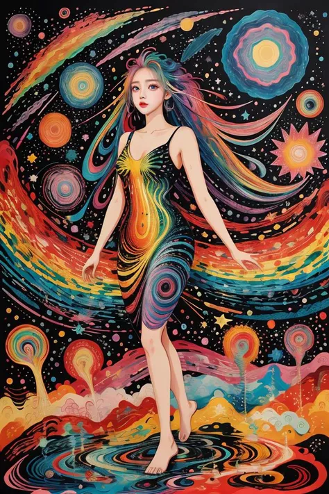 a lady,random hairstyle,beautiful face,floating and rainbow long hair,Iridescence and rainbow,beautiful detailed starry sky,full body,surrealistic,tuyawang,abstract,doodle art,abstract paint splash background,masterpiece,best quality,extremely detailed,<lo...