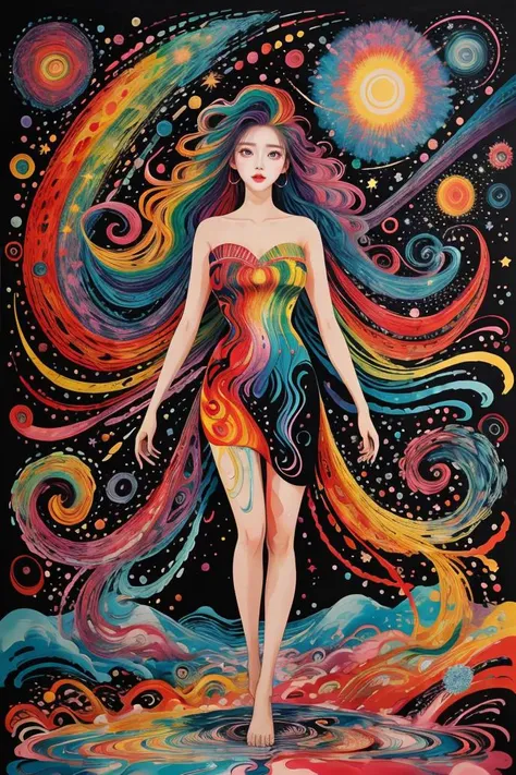 a lady,random hairstyle,beautiful face,floating and rainbow long hair,Iridescence and rainbow,beautiful detailed starry sky,full body,surrealistic,tuyawang,abstract,doodle art,abstract paint splash background,masterpiece,best quality,extremely detailed,<lo...