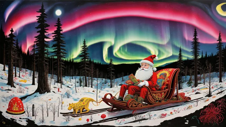 surrealistic, doodle art, santa laus, sleigh, fantasy art, of santa claus, red hat,  presents,  neon, <lora:TUYA5:0.9>, tuyawang, abstract, high quality, red toadstool, Lapland forest in winter, northern lights,