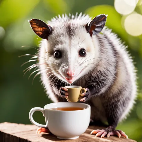 Positive: cinematic photo (cute) possum didelphis <lora:Opossum-possum:0.8> holding a cup of tea . 35mm photograph, film, bokeh, professional, 4k, highly detailed