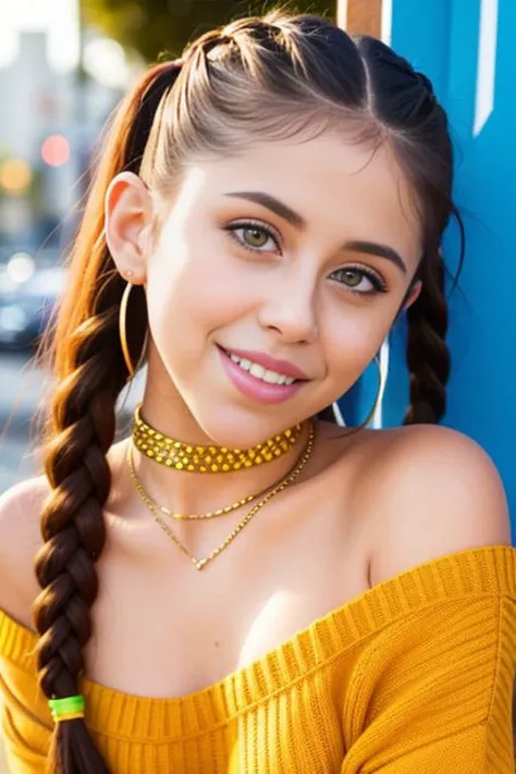 piercing eyes, looking straight, a 20 year old cute violetsummers-3500, very happy,long braided hair, wearing an off-shoulder sweater, choker, closeup portrait, in a outdoor cafe in 2015, afternoon light