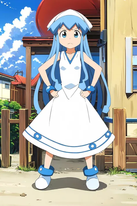 ((best quality)),((highly detailed)),masterpiece,absurdres,detailed face,beautiful face,(detailed eyes, deep eyes),(1girl),((dynamic pose)), <lora:squidgirl-19:1>, ika, dress, 1girl, hands on hips, sky, solo, blue eyes, blue hair, v-shaped eyebrows, hat, l...