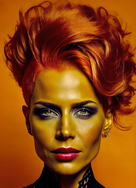 portrait of sks woman by Flora Borsi, style by Flora Borsi, bold, bright colours, orange Mohawk haircut, ((Flora Borsi)), <lora:locon_juliebenz_v1_from_v1_64_32:1.3>