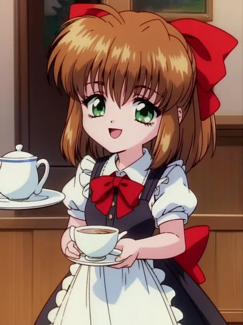 <lora:CoolDevices2imout:0.8>CoolDevices2imout, brown hair, 1girl, soro,  green eyes,  hair bow, bow,  short hair,  ponytail, red bow, hair ribbon,  child, teenager, smile, cowboy Shot,
Gothic Maid, cafe, tea,
1990s (style), anime, anime_screencap, animated...