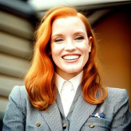 analog style, JC wearing a pantsuit, <lora:JC:1>, long red hair,beautiful enamored smiling face