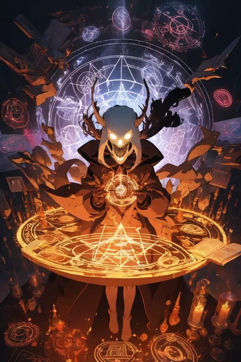 a man with a horned head and a horned face sitting on a table surrounded by demonic hands