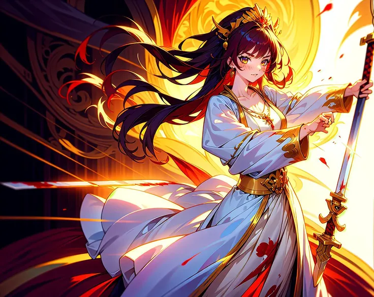 1 girl, ancient empress, collar bone, jewelly, long hair, straight hair, queen, necklace, (standing on the battlefield), battle, fighting without enemies, blood on face, attack pose, fighting action, holding sword, white clothes
(masterpiece:1.3),(best qua...