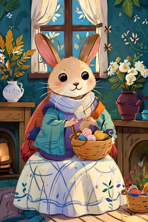 (masterpiece:1.2),best quality,masterpiece,highres,original,extremely detailed wallpaper,perfect lighting,(extremely detailed CG:1.2),drawing,artist name,bamboo,basket,black eyes,branch,bunny,cactus,carrot,coconut,couch,curtains,flower,flower pot,food,gras...