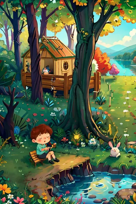 (masterpiece:1.2), best quality, masterpiece, highres, original, extremely detailed wallpaper, perfect lighting,(extremely detailed CG:1.2), drawing,1girl, against tree, apple, basket, bench, bird, bridge, brown hair, bug, bunny, bush, butterfly net, chris...