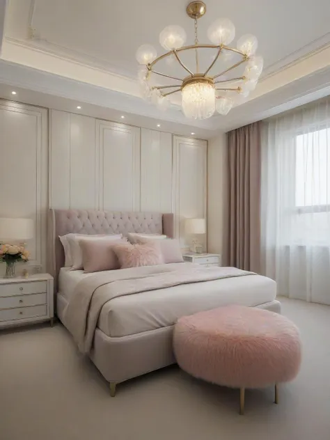 a close up of a bed with a pink ottoman in a room