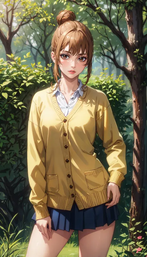 a woman in a yellow cardigan is standing in a garden