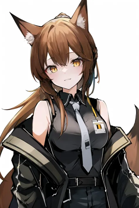 (high quality, high resolution:1.3), 4k, masterpiece, 
BREAK
1girl,  <lora:Franka:0.85>, Franka, 1girl, animal ears, upper body, fox ears, brown hair, tail, yellow eyes, necktie, shirt, sleeveless shirt, grey necktie, off shoulder, jacket, ponytail, smile,...