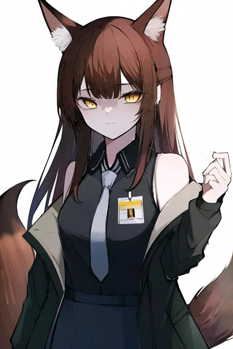 (high quality, high resolution:1.3), 4k, masterpiece, 
BREAK
1girl,  <lora:Franka:0.85>, Franka, 1girl, animal ears, upper body, fox ears, brown hair, tail, yellow eyes, necktie, shirt, sleeveless shirt, grey necktie, off shoulder, jacket, smile, standing,...