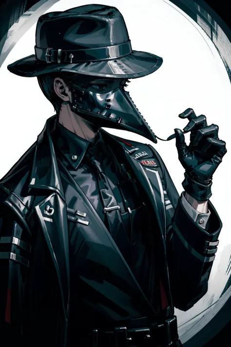 a close up of a person wearing a hat and a plague mask