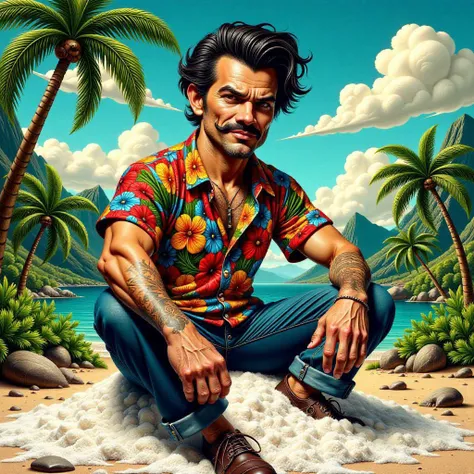 comic fluxdark,
create an image exaggerated caricature el fierce paco raban 18 year old mafioso in hawaiana shirt small mustache straight hair in a village in colombia sitting on a pile of powdered sugar
,<lora:fluxdark-000001:1>, graphic illustration, com...