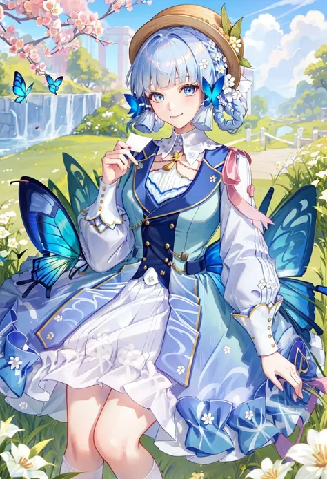 best quality,masterpiece,highres,solo,<lora:genshin_107_v1:1>,1girl, blue_butterfly, blue_eyes, blue_hair, blunt_bangs, blunt_tresses, braid, butterfly_hair_ornament, butterfly_ring, closed_mouth, cropped_legs, genshin_impact, hair_flower, hat_flower, hat_...