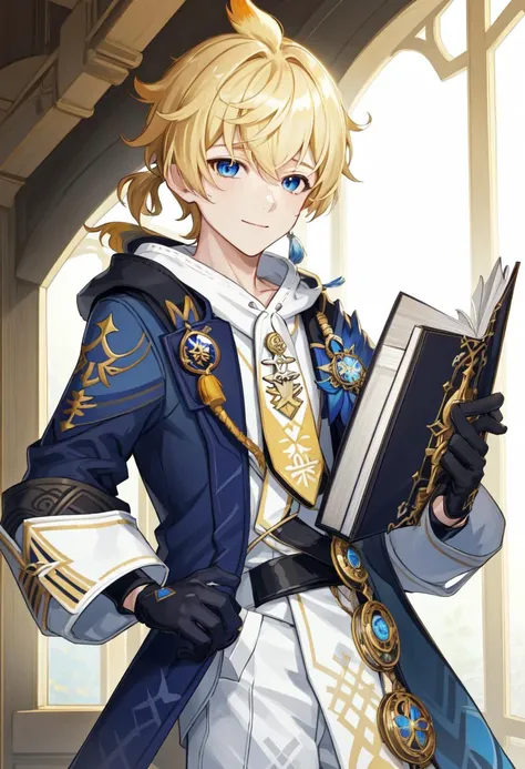 best quality,masterpiece,highres,solo,<lora:genshin_107_v1:1>,1boy, black_gloves, blonde_hair, blue_eyes, highres, holding_book, long_sleeves, looking_at_viewer, male_focus, mika_(genshin_impact), rin_gotarou, short_hair, short_ponytail, smile, solo, visio...