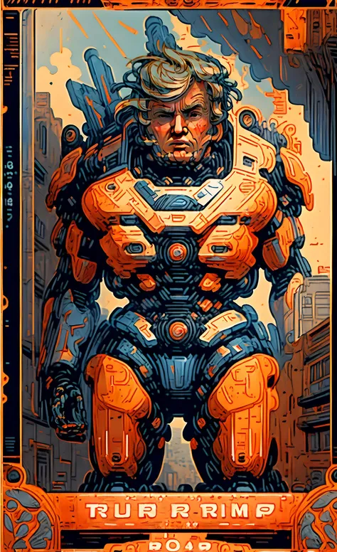 masterpiece, wallpaper, cinematic lighting, (((movie poster))), from below, (((donald trump head))),  <lora:SharpieMecha:1.5>, highly detailed mech, armour, surrounded by small buildings