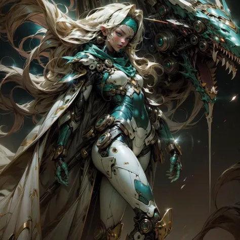 Anime style, ultra detailed, masterpiece,a confident woman warrior with long straight blond hair, blue headband, white cape, green bodysuit, blue leather boots, fantasy style  <lora:AstralMecha:0.8>,